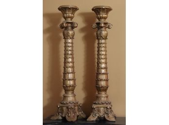 PAIR OF QUALITY TALL GOLD ORNATE RESIN CANDLESTICKS WITH PALM EFFECT ALONG COLUMN