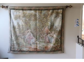 LARGE DECORATIVE FRENCH TAPESTRY ON ROD 'ROMANTIC LOVERS' WITH FLORAL DETAIL 72' W X 64' TALL