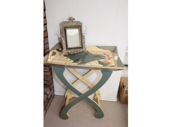 FOLDING PAINTED WOOD TRAY TABLE WITH ORNATE PICTURE FRAME MEASURES 26 W X 19 D X 36 TALL
