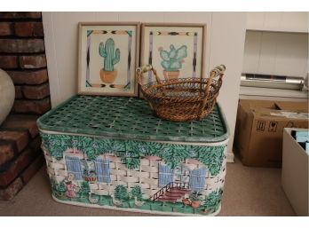 LARGE PAINTED DECORATIVE WOVEN BASKET WITH SIGNED CACTUS ARTWORK BY D. WADA 90'