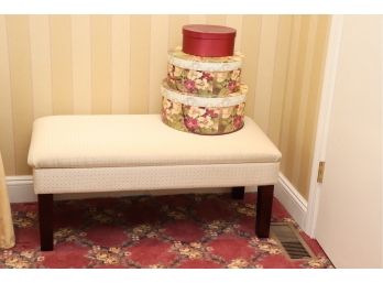 UPHOLSTERED STORAGE BENCH WITH DECORATIVE FLORAL HAT BOXES CONTENTS NOT INCLUDED