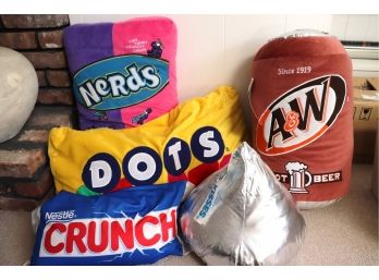 COLLECTION OF ASSORTED FUN CANDY PILLOWS! NERDS, DOTS, A&W, HERSHEY AND CRUNCH