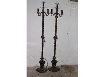 VINTAGE METAL GOTHIC STYLE FLOOR LAMPS WITH ORNATE BASE & TWISTED METAL POLE 62 TALL