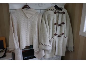 COZY SHEARLING STYLE COAT WITH DRAWSTRING SIZE M & CREAM-COLORED RALPH LAUREN SHAWL/CAPE L