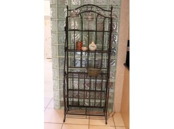 FOLDING METAL BAKERS RACK WITH A WROUGHT IRON FINISH WITH DECORATIVE JARS
