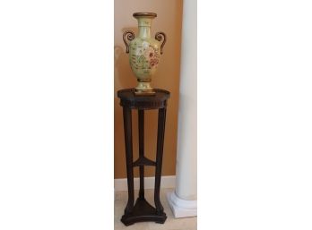 TALL WOOD PEDESTAL WITH LEATHER TOP AND GALLERY RAIL & TOYO FLORAL VASE BY LILLIAN AUGUST