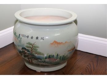 GREEN CELADON ASIAN STYLE PLANTER WITH FOREST & MOUNTAIN LANDSCAPE STAMPED ON BOTTOM 15 D X 13 TALL