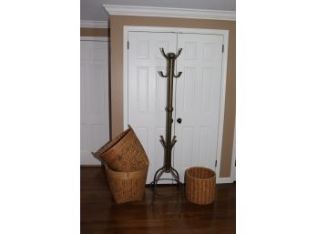 METAL COAT TREE 71 TALL AND 3 LARGE WOVEN BASKETS 20 W X 17 TALL