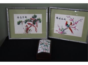 FRAMED ASIAN NEEDLE WORK ON SILK WITH BEAUTIFUL FLORAL AND BIRD DETAIL WITH CERAMIC TRINKET BOX