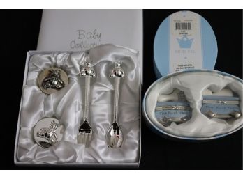 BABYS FIRST COLLECTION SETS FOR FIRST TOOTH AND LOCK OF HAIR INCLUDES BABY BLUE SET BY MUDPIE WITH BOX