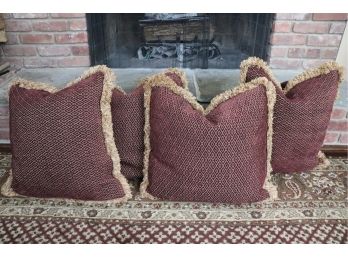 4 BURGUNDY DECORATIVE PILLOWS WITH DIAMOND PATTERN APPROXIMATELY 20 SQUARE WITH TASSELS