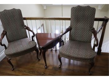 PAIR OF LYONS FURNITURE HERITAGE ARM CHAIRS WITH NAILHEAD TRIM & SMALL DROPLEAF SIDE TABLE