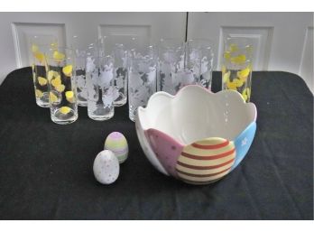12 OCEAN THAILAND DRINKING GLASSES RABBITS &CHICKS, WITH BLOSSOMS & BLOOMS EASTER EGG BOWL