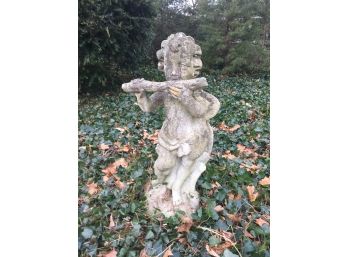 CONCRETE LAWN STATUE OF A CHERUB PLAYING A FLUTE 33 TALL