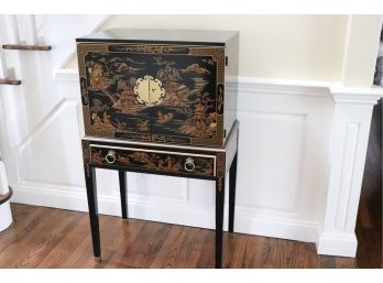 VINTAGE DREXEL BLACK LACQUERED CHINOISERIE SILVER CHEST WITH BRASS DETAIL AND FELT LINED DRAWERS 26 W X 17