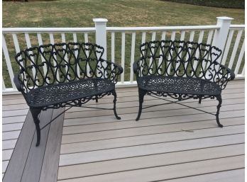 PAIR OF QUALITY CAST ALUMINUM OUTDOOR LOVESEATS WITH ORNATE DESIGN 41 W