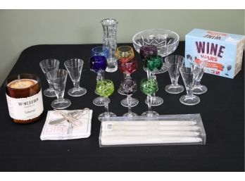 COLLECTION OF COLORFUL FABERGE CRYSTAL APERITIF GLASSES WITH WATERFORD BUD VASE AND CANDY DISH