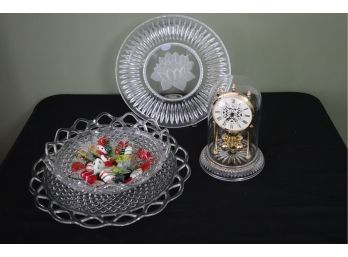LEAD CRYSTAL SERVING DISH WITH BLOWN GLASS CANDY ORNAMENTS & HOWARD MILLER ANNIVERSARY CLOCK