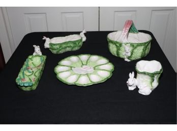 COLLECTION BUNNY LANE HAND PAINTED CHINA INCLUDES EGG PLATE, BASKET AND SERVING DISHES