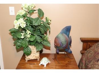 DECORATIVE LOT INCLUDES FAUX FLORAL PLANT 28 TALL, CERAMIC TURTLE ANDREA BY SADEK AND RAINBOW FISH 11 W X