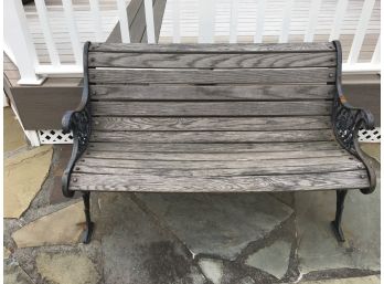 OUTDOOR WOOD BENCH WITH CAST METAL SIDE RAILS 48 W