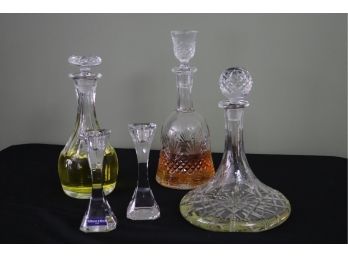 QUALITY CRYSTAL DECANTERS WITH STOPPERS 11-13 TALL & VILLEROY AND BOCH CANDLESTICKS 6 TALL