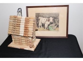 DECORATIVE WINE CORK HOUSE AND SIGNED CALF PRINT 19 W X 15 TALL