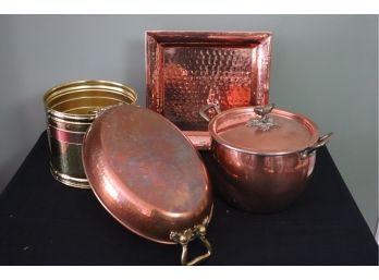 RUFFONI ITALY 7.5 QT COPPER PLATED POT WITH LID, SERVING DISH & HAMMERED TRAY WITH BRASS BUCKET