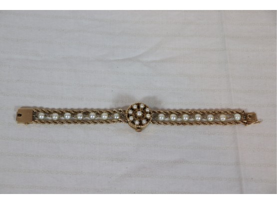 14K YG Peek A Boo Watch With 14K Gold & Pearl 3 Strand Bracelet, 17.1 DWT TW