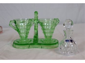 3 Piece Green Depression Glass Cruet Set Or Milk/Sugar And  Waterford Perfume Bottle