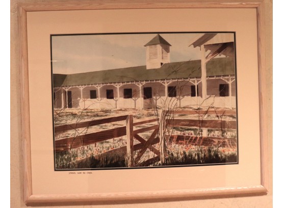Vintage Rick Mundy Signed Framed Lithograph Stables Near The Creek - 30 Inches W X 24 Inches H
