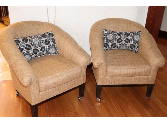 Pair Of Custom Designer Upholstered Barrel Arm Chairs With Casters In Golden Camel Basketweave Chenille