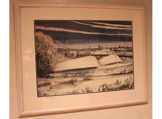 Vintage Rick Mundy Hand Signed Framed Lithograph Harbor Twilight - 30 Inches W X 24 Inches H