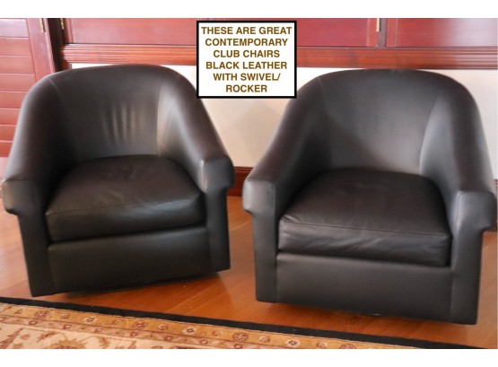 Pair Of Custom Designer Modern Barrel Style Black Leather Swivel Rocker Club Chairs