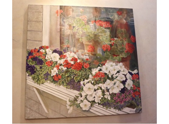 Flower Filled Window Box Street Scene, Painting On Canvas, Signed H.W. Kurlander 50 Inches W X 50 Inches H