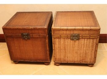 Pair Of Vintage Woven Grass Cloth & Leather Trimmed Square Chest/End Table