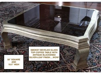 Unique Oversized Smokey Beveled Glass Top Coffee Table In Antiqued Blackened Silver Leaf Finish