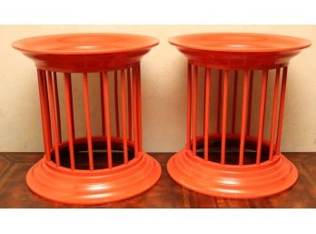 Pair Of West Elm Vibrant Orange Drum Side/Pull Up Tables  18 Inch Dia X 18 Inches H