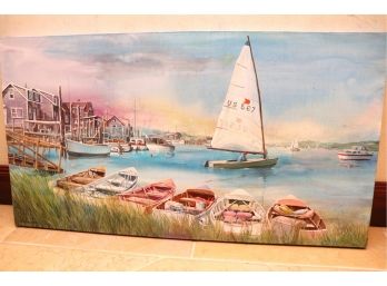 Waterfront Scene, Painting On Canvas, Signed H.W. Kurlander - 44 Inches W X 24 Inches H