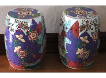Pair Of Bold & Colorful Asian Chinoiserie Style Ceramic Garden Stools