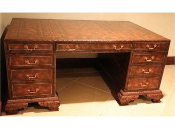 Vintage Maitland-Smith Mahogany With Inlay Leather Top, Leather Cladded Partners Desk