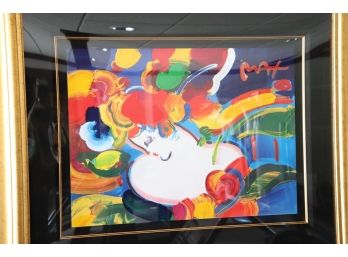 Signed Peter Max Flower Blossom Lady Framed Embellished Lithograph In Gilded Frame  38 Inches W X 32 Inches H