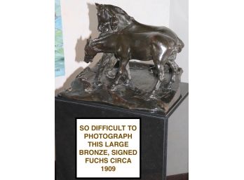 Antique German Bronze Casting Of 2 Horses & Man, Marked Fuchs 1902 & Akt-Ges VH Gladenbeck Berlin