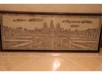 Vintage Rice Paper Print Of Cambodia Angkor Wat In Gilded Frame  47.5 Inches W X 19 Inches H