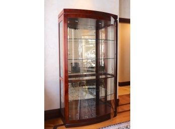 Curved Glass Front Contemporary Style Burl Wood Finish Display Cabinet With Interior Lights & Glass Shelve