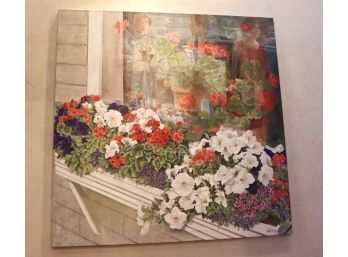 Flower Filled Window Box Street Scene, Painting On Canvas, Signed H.W. Kurlander 50 Inches W X 50 Inches H