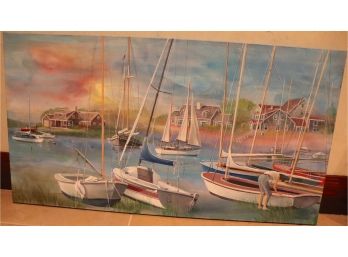 Sailboat Scene, Painting On Canvas, Signed H.W. Kurlander - 44 Inches W X 24 Inches H