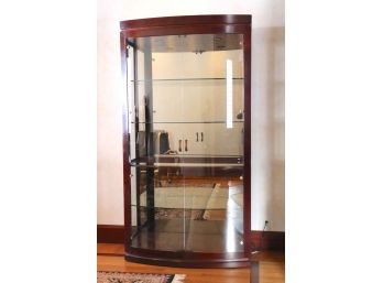 Curved Glass Front Contemporary Style Burl Wood Finish Display Cabinet With Interior Lights & Glass Shelve