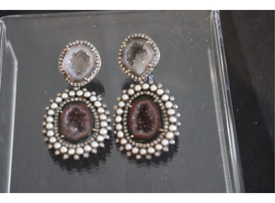 Pair Of Sterling Silver Two Tier Geode Earrings With Seed Pearls & Semi Precious Stones