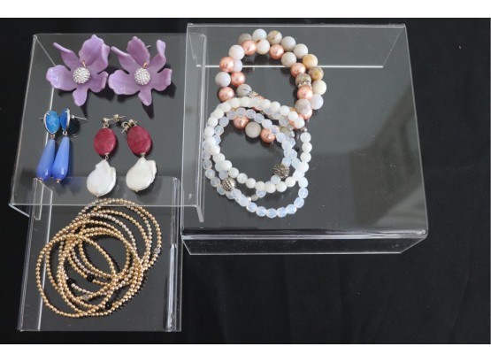Fine Costume Jewelry  3 Pairs Of Pierced Earrings & 13 Assorted Elastic Bracelets